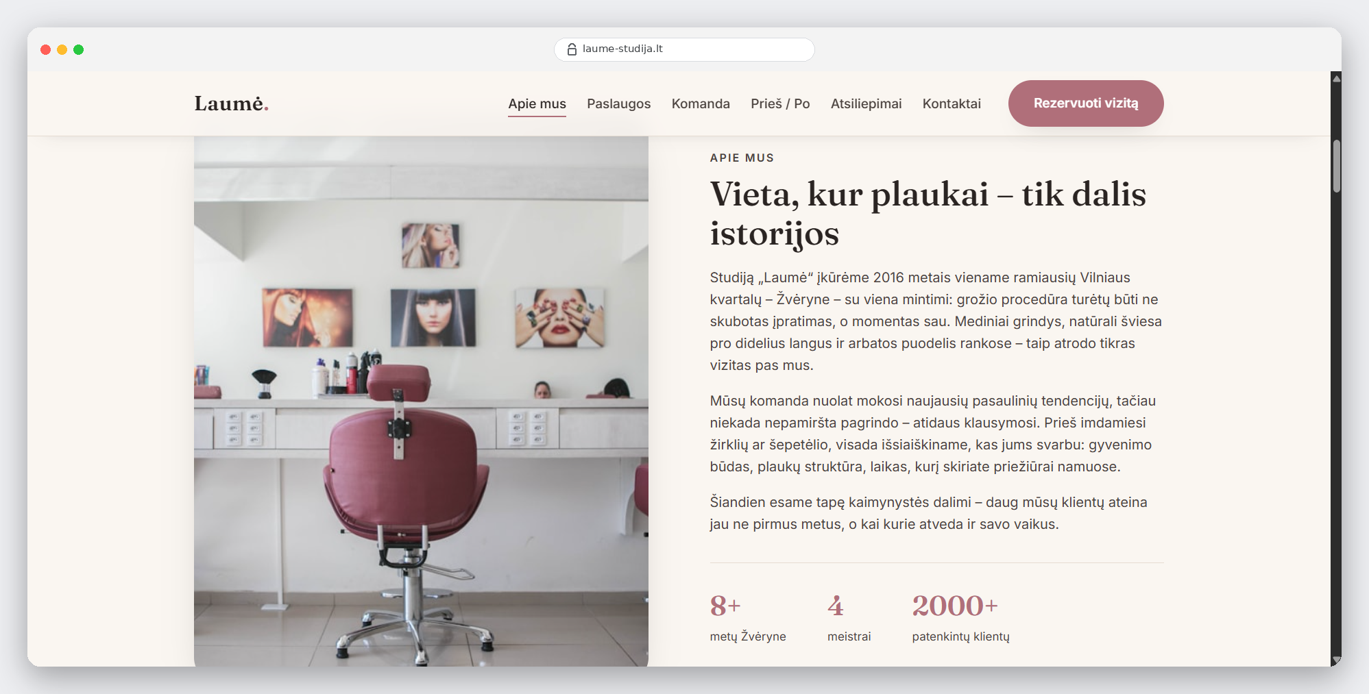 Svetainės „Laumė – plaukų studija“ dizaino peržiūra