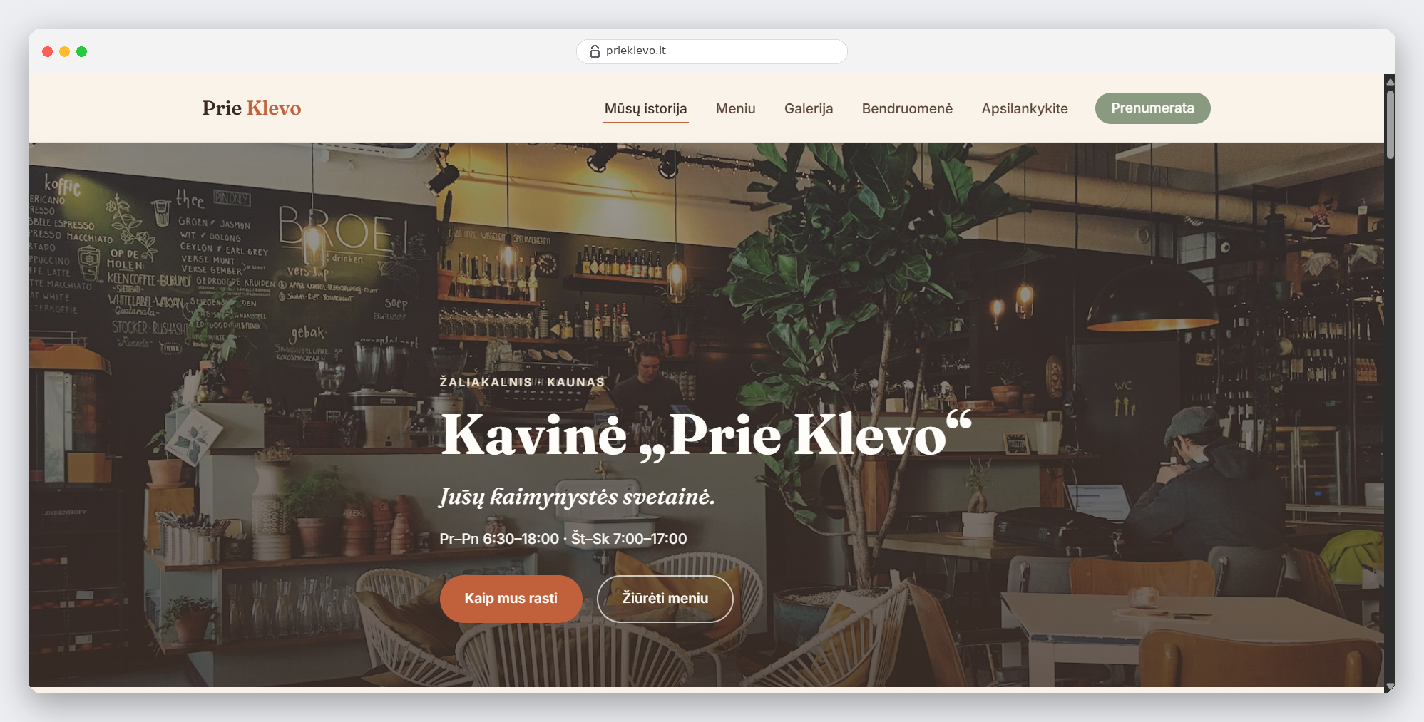 Svetainės „Prie Klevo“ kavinės dizaino peržiūra